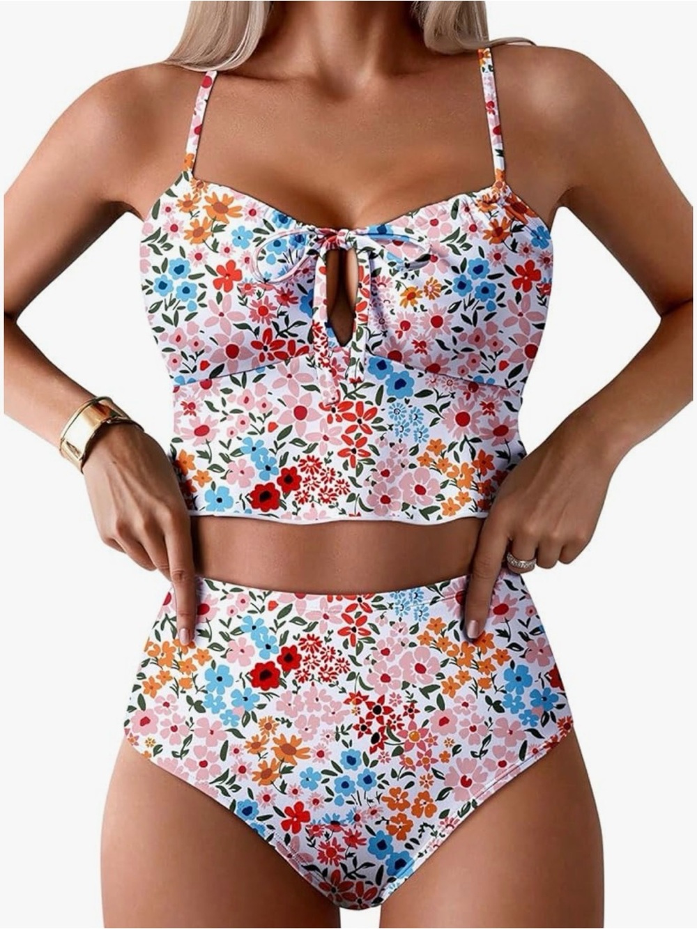 Floral High-Waist Tankini Swim Set - Pink Multi